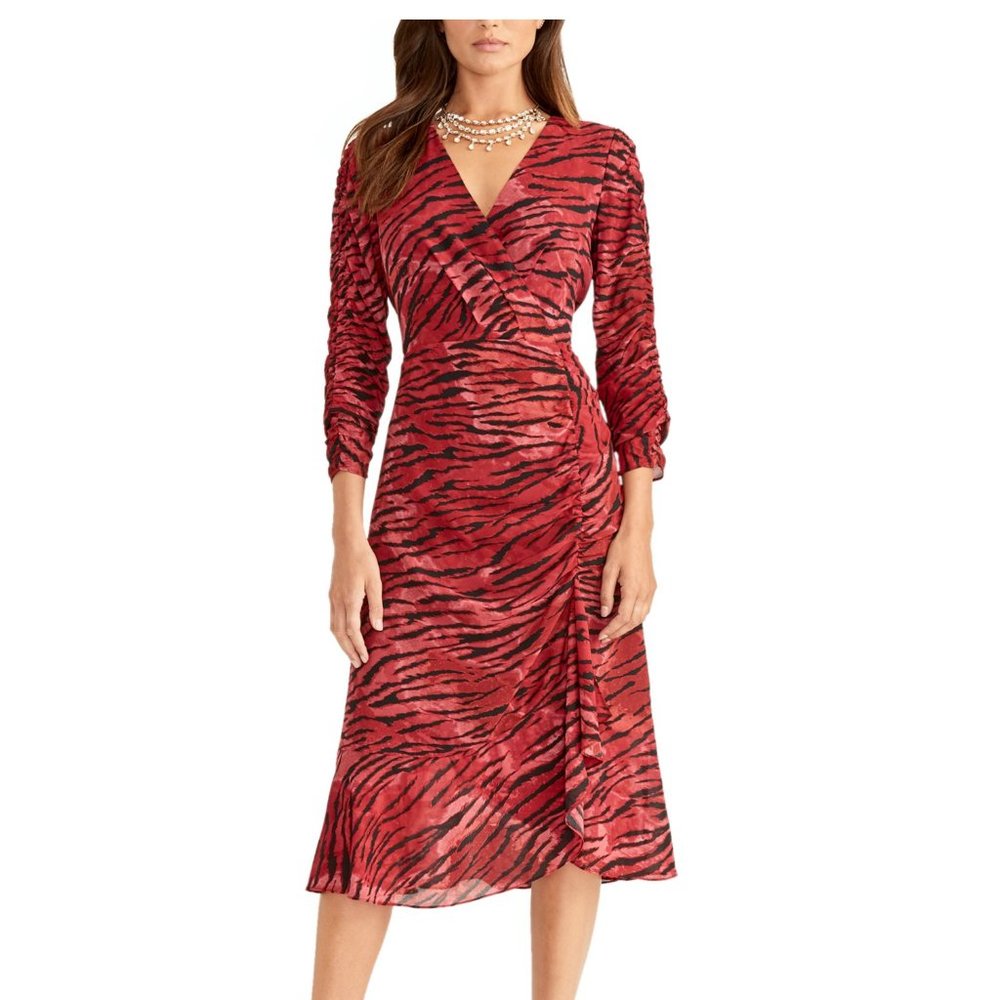 New Rachel Roy Womens Red Ruched Ruffled Animal Print Sz 8